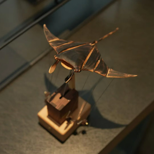 Wooden Manta Ray Automata: Charred Wood Kinetic Sculpture