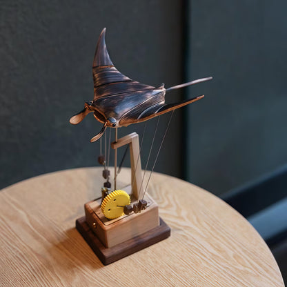 Wooden Manta Ray Automata: Charred Wood Kinetic Sculpture