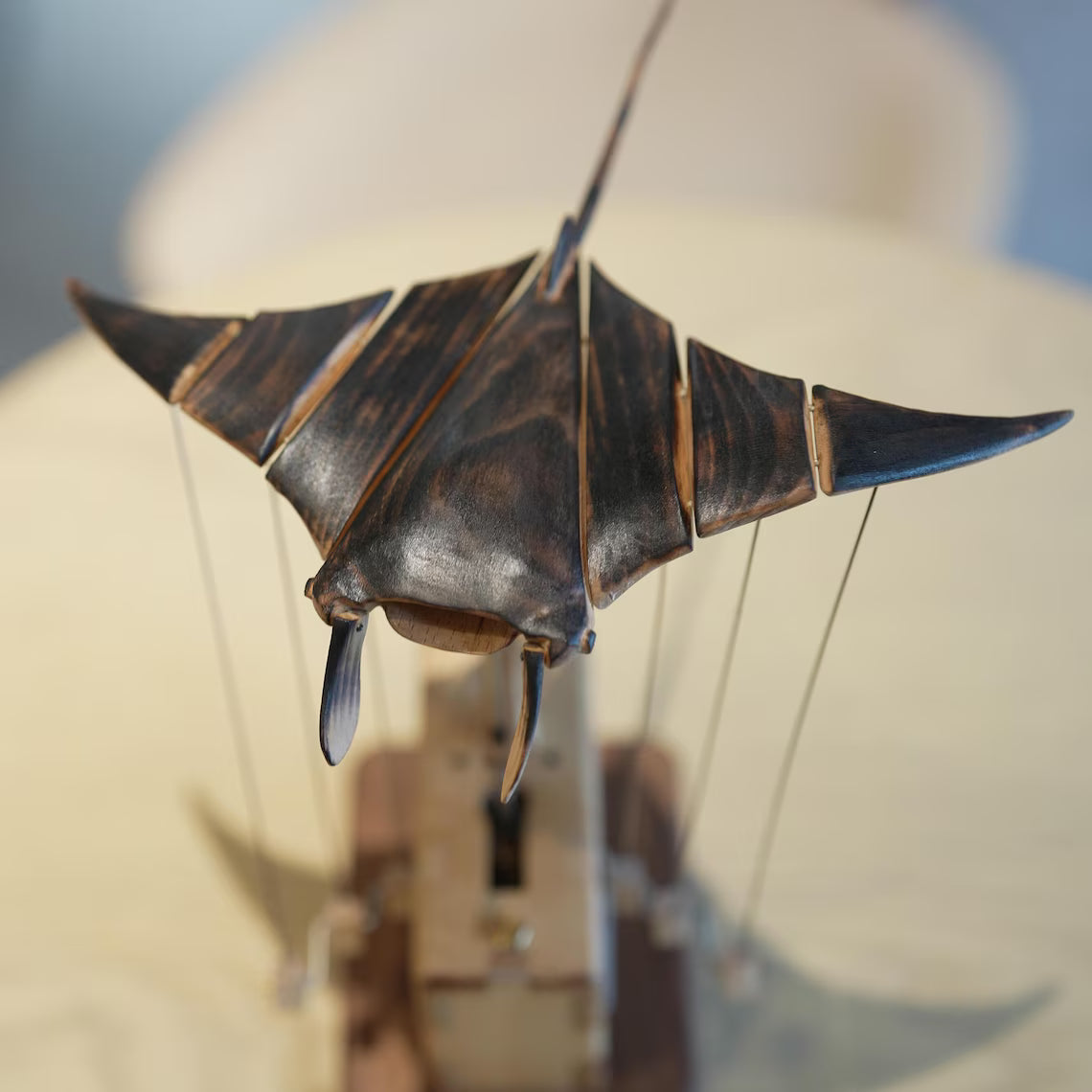 Wooden Manta Ray Automata: Charred Wood Kinetic Sculpture