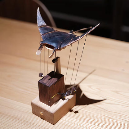 Wooden Manta Ray Automata: Charred Wood Kinetic Sculpture