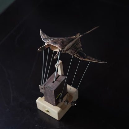 Wooden Manta Ray Automata: Charred Wood Kinetic Sculpture