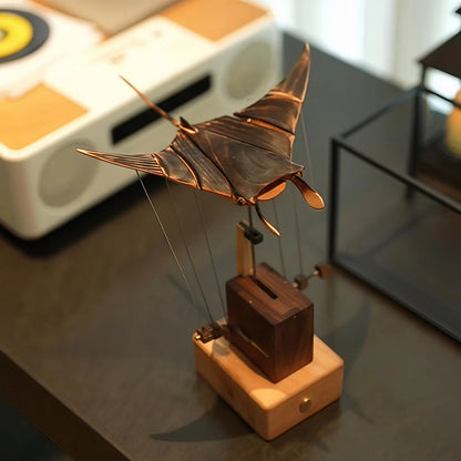 Wooden Manta Ray Automata: Charred Wood Kinetic Sculpture
